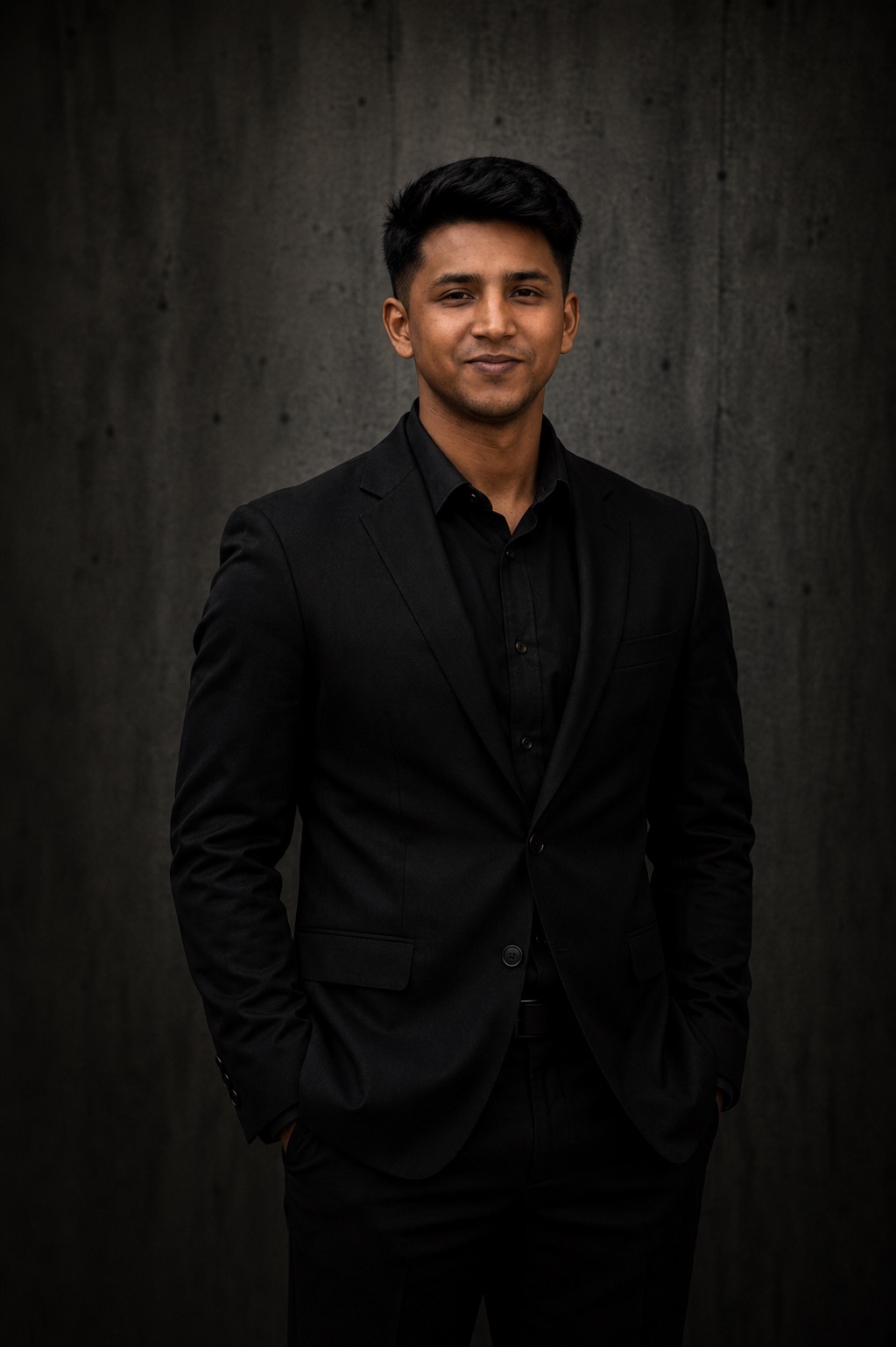 Portrait of Addy in a black suit against a dark backdrop